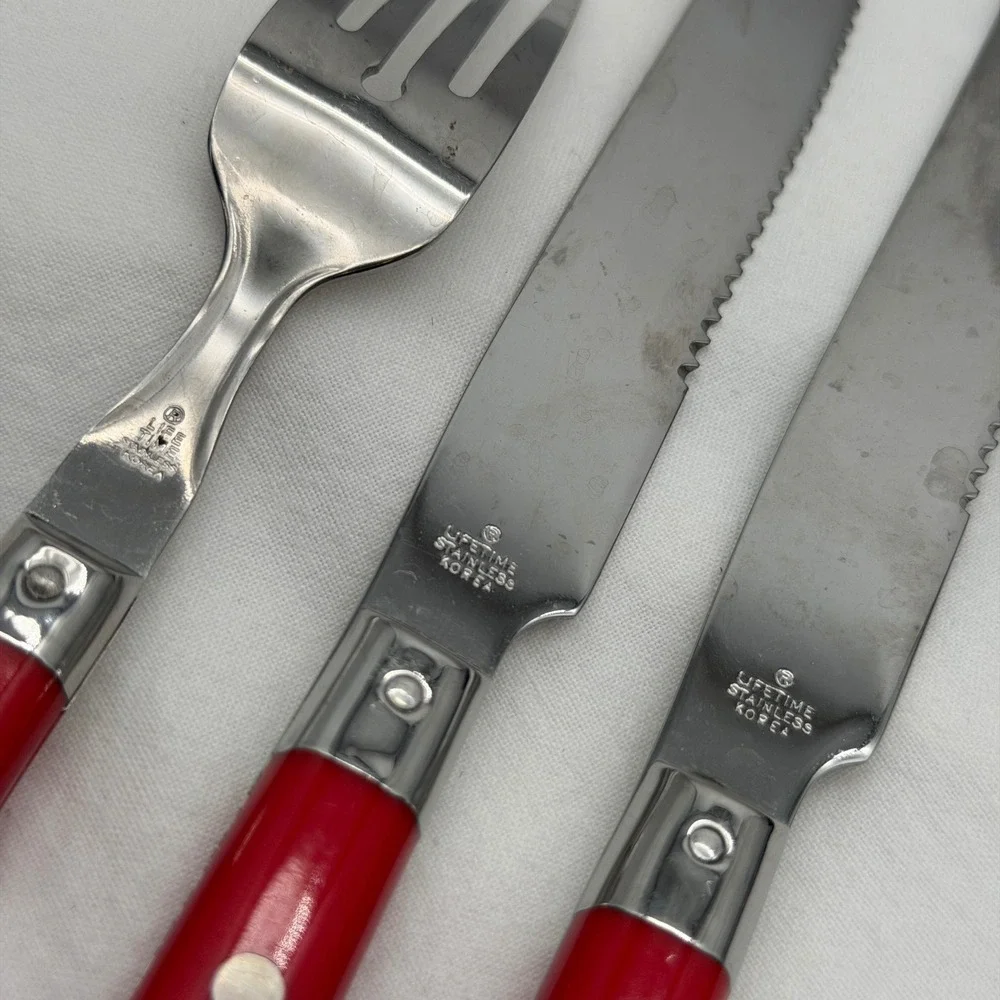 Lifetime Stainless Korea Red Riveted Handle Flatware Set 1 Fork 2 Knives Bistro